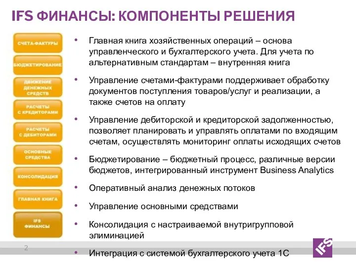 IFS ФИНАНСЫ: компоненты РЕШЕНИЯ Главная книга хозяйственных операций – основа управленческого