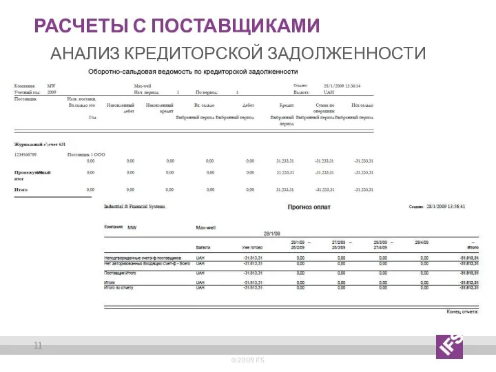 Расчеты с поставщиками Анализ кредиторской задолженности © 2009 IFS