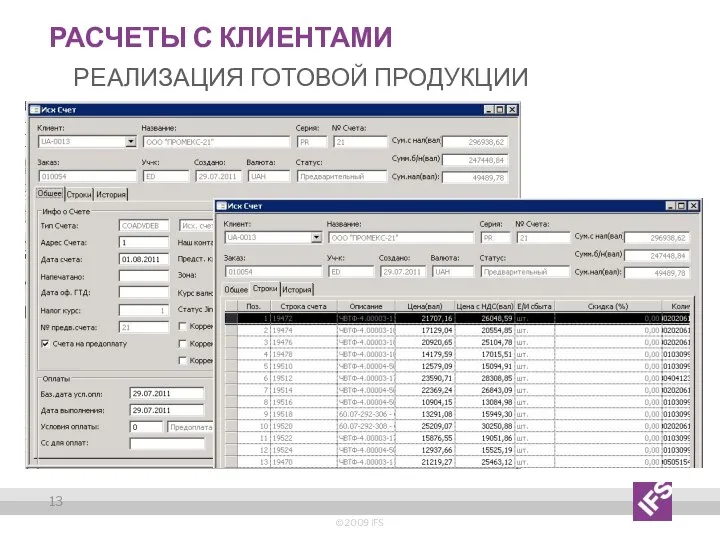 Расчеты с Клиентами Реализация готовой продукции © 2009 IFS