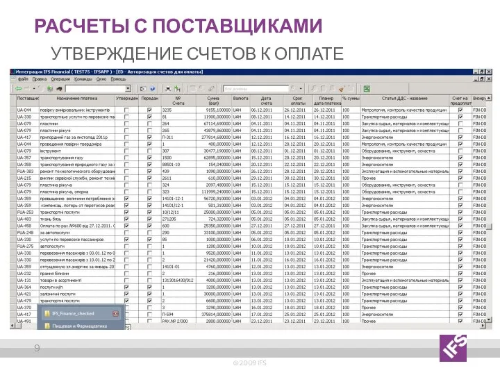 Расчеты с поставщиками Утверждение счетов к оплате © 2009 IFS