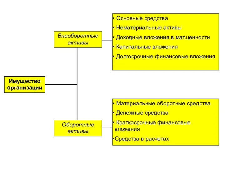 Имущество организации Внеоборотные активы Оборотные активы Основные средства Нематериальные активы Доходные