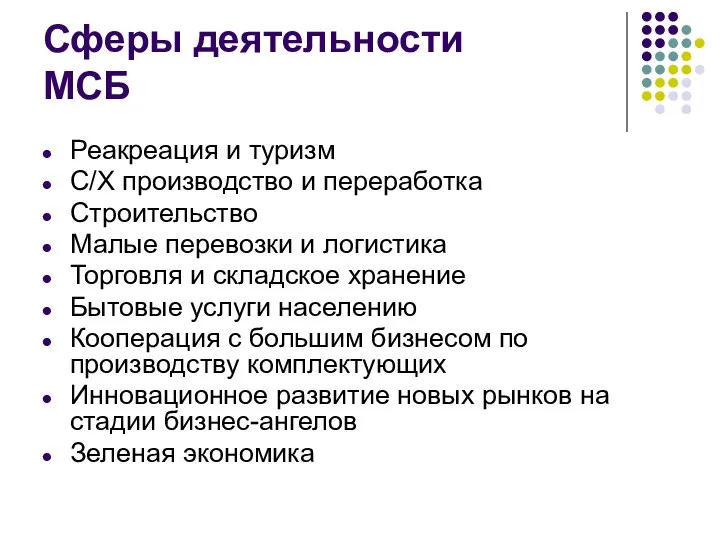 Сферы деятельности МСБ Реакреация и туризм С/Х производство и переработка Строительство