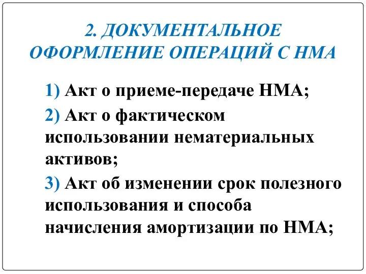 1) Акт о приеме-передаче НМА; 2) Акт о фактическом использовании нематериальных