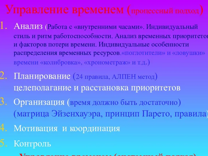 Управление временем (процессный подход) Анализ (Работа с «внутренними часами». Индивидуальный стиль