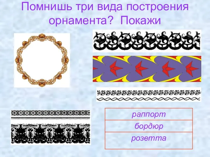 Помнишь три вида построения орнамента? Покажи