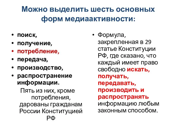 Можно выделить шесть основных форм медиаактивности: поиск, получение, потребление, передача, производство,