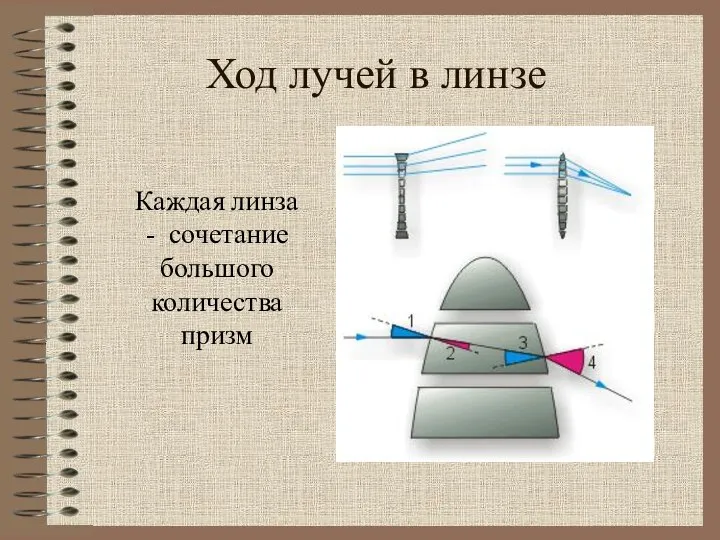 Ход лучей в линзе Каждая линза - сочетание большого количества призм