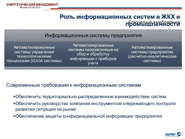 Роль информационных систем в ЖКХ и промышленности ЭНЕРГЕТИЧЕСКИЙ МЕНЕДЖМЕНТ Москва 09.09.2014