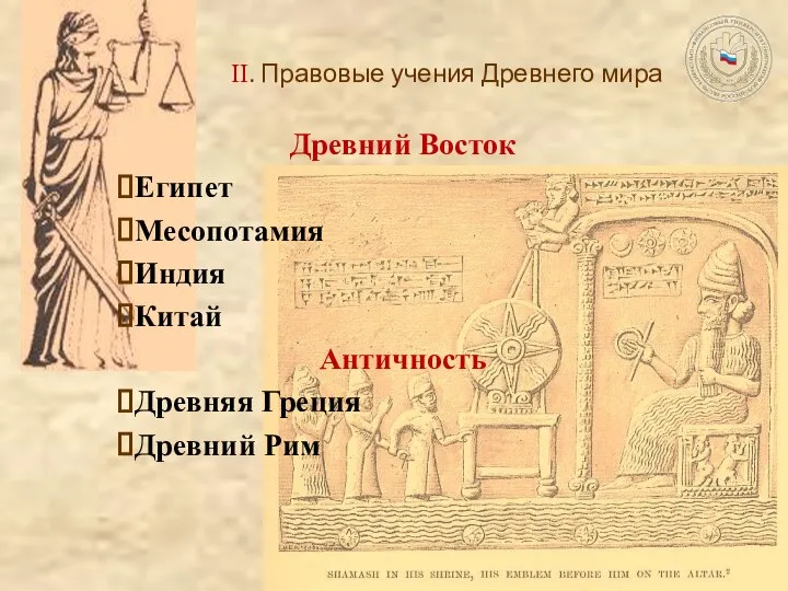 Древний Восток Египет Месопотамия Индия Китай Античность Древняя Греция Древний Рим II. Правовые учения Древнего мира