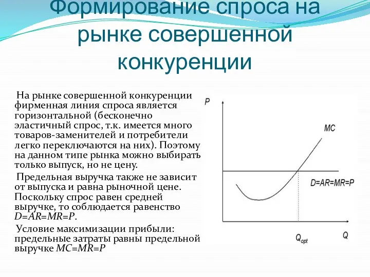 Формирование спроса на рынке совершенной конкуренции На рынке совершенной конкуренции фирменная