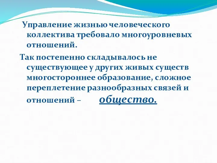 Управление жизнью человеческого коллектива требовало многоуровневых отношений. Так постепенно складывалось не