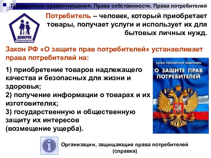 Гражданские правоотношения. Права собственности. Права потребителей Потребитель – человек, который приобретает