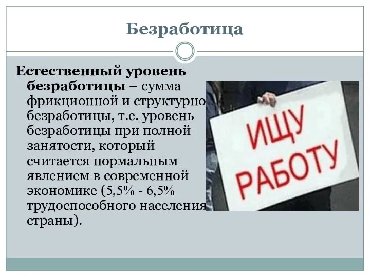 Безработица Естественный уровень безработицы – сумма фрикционной и структурной безработицы, т.е.