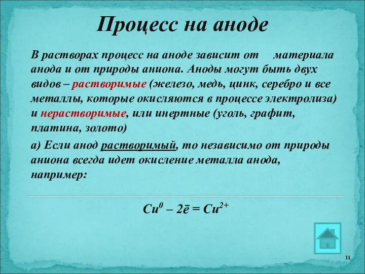 Процесс на аноде В растворах процесс на аноде зависит от материала