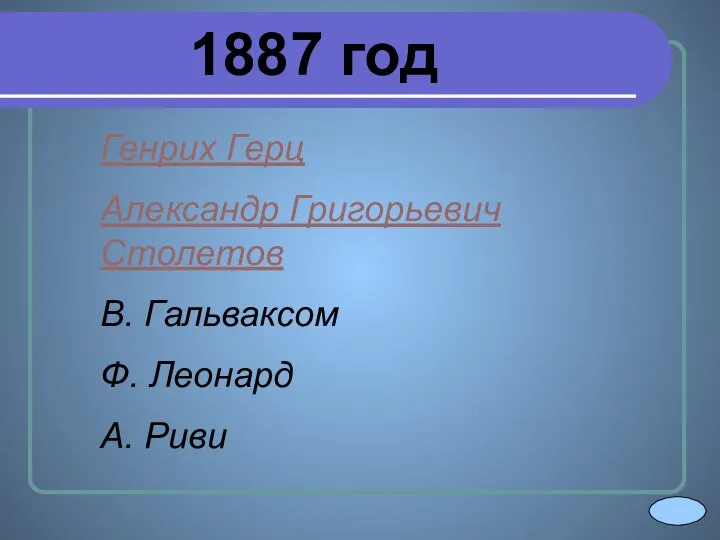 1887 год Генрих Герц Александр Григорьевич Столетов В. Гальваксом Ф. Леонард А. Риви