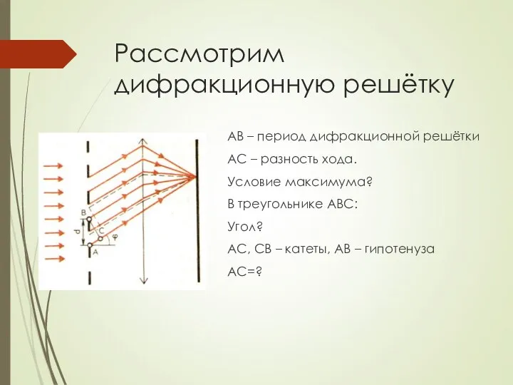 Рассмотрим дифракционную решётку АВ – период дифракционной решётки АС – разность