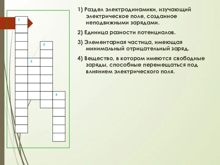 1) Раздел электродинамики, изучающий электрическое поле, созданное неподвижными зарядами. 2) Единица