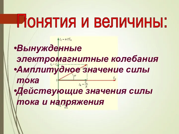 Понятия и величины: Вынужденные электромагнитные колебания Амплитудное значение силы тока Действующие значения силы тока и напряжения