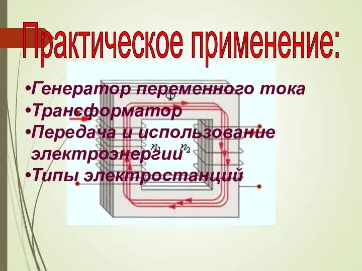 Практическое применение: Генератор переменного тока Трансформатор Передача и использование электроэнергии Типы электростанций