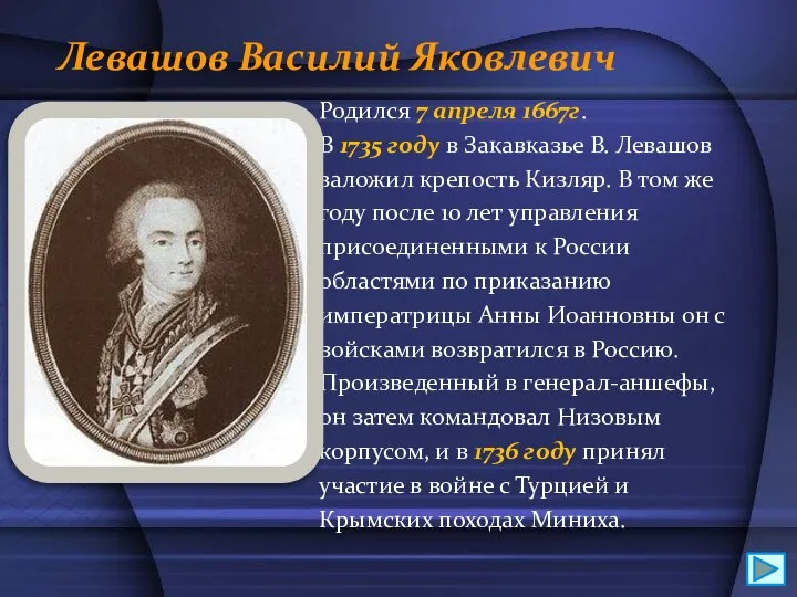 Левашов Василий Яковлевич Родился 7 апреля 1667г. В 1735 году в