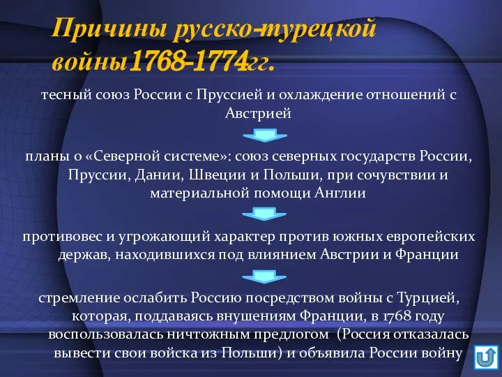 Причины русско-турецкой войны1768-1774гг. тесный союз России с Пруссией и охлаждение отношений