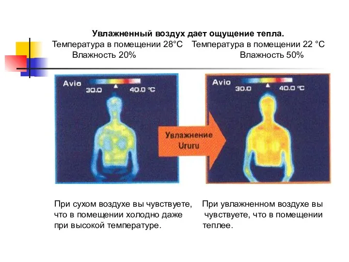 Увлажненный воздух дает ощущение тепла. Температура в помещении 28°С Температура в