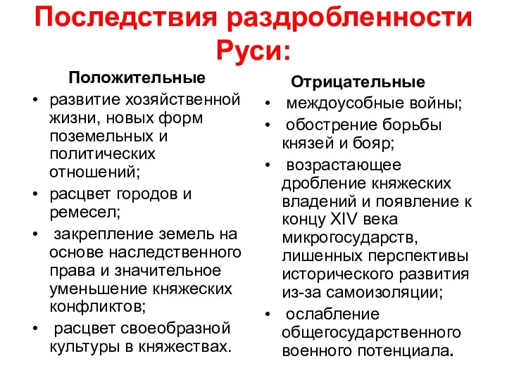 Последствия раздробленности Руси: Положительные развитие хозяйственной жизни, новых форм поземельных и