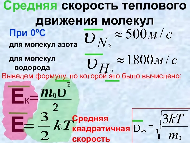 Средняя скорость теплового движения молекул При 0ºС для молекул азота для