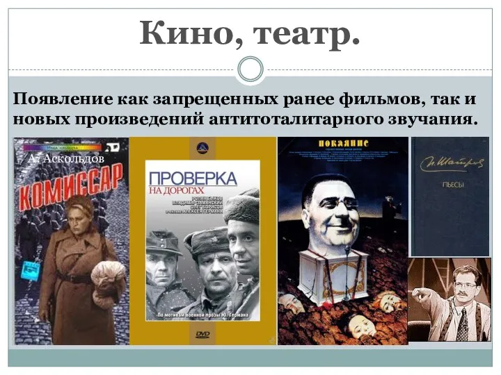 Кино, театр. Появление как запрещенных ранее фильмов, так и новых произведений антитоталитарного звучания. А. Аскольдов