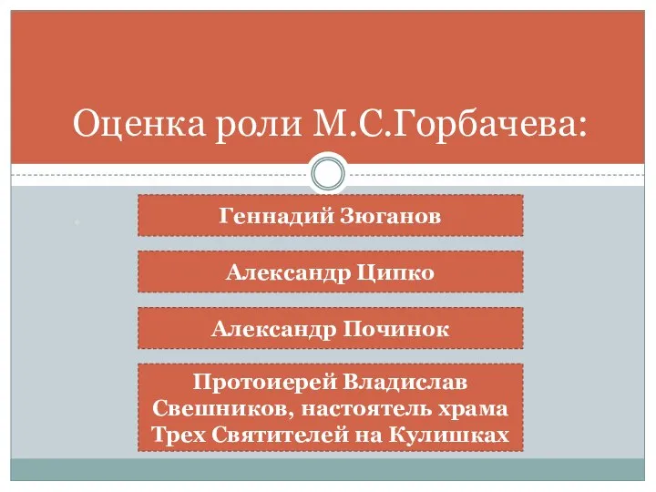 . Оценка роли М.С.Горбачева: Геннадий Зюганов Александр Ципко Протоиерей Владислав Свешников,