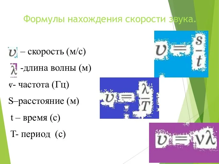 Формулы нахождения скорости звука. – скорость (м/с) -длина волны (м) ⱴ-