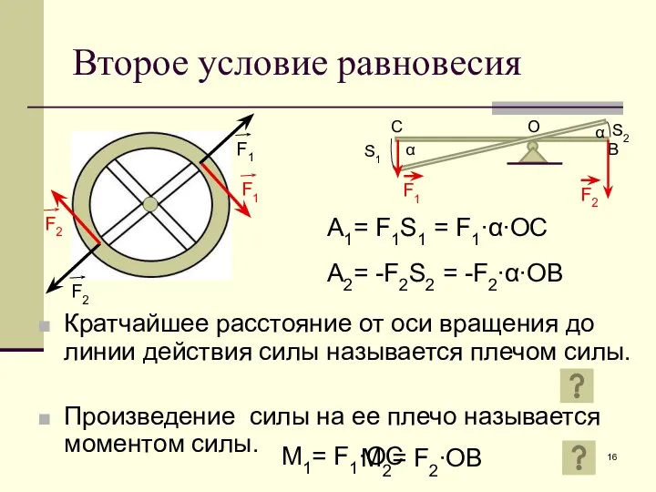 Второе условие равновесия Кратчайшее расстояние от оси вращения до линии действия