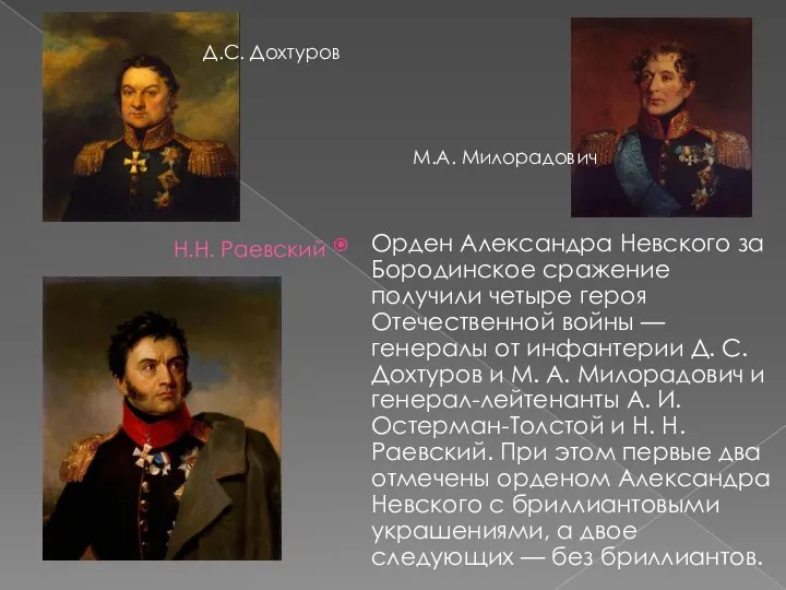 Н.Н. Раевский Орден Александра Невского за Бородинское сражение получили четыре героя