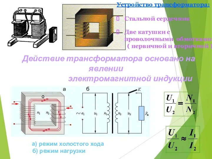 a б а) режим холостого хода б) режим нагрузки Устройство трансформатора: