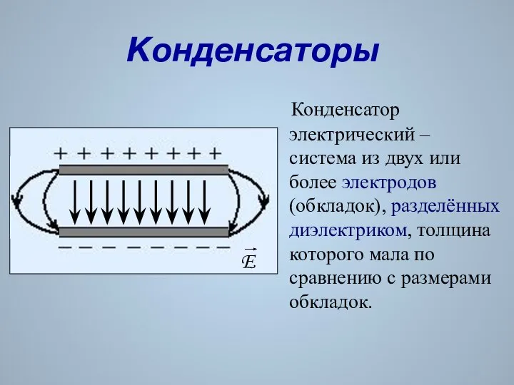 Конденсаторы Конденсатор электрический – система из двух или более электродов (обкладок),