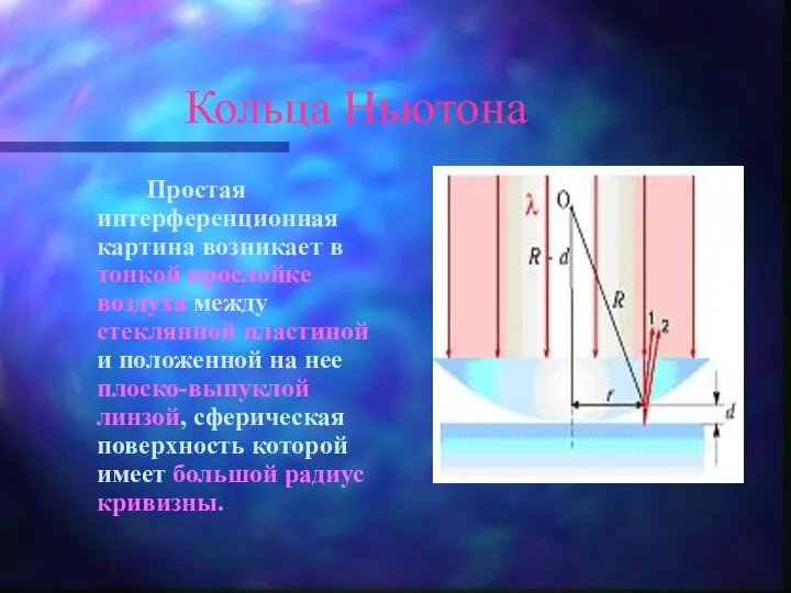 Кольца Ньютона Простая интерференционная картина возникает в тонкой прослойке воздуха между