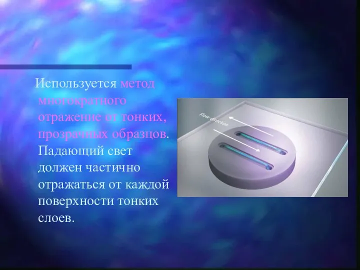 Используется метод многократного отражение от тонких, прозрачных образцов. Падающий свет должен