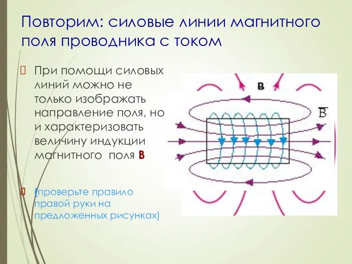 Повторим: силовые линии магнитного поля проводника с током При помощи силовых