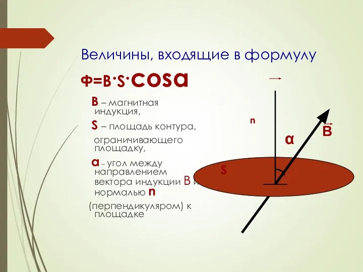 Величины, входящие в формулу Ф=В·S·cosα n В – магнитная индукция, S