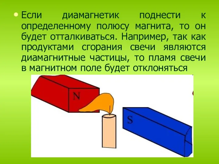 Если диамагнетик поднести к определенному полюсу магнита, то он будет отталкиваться.