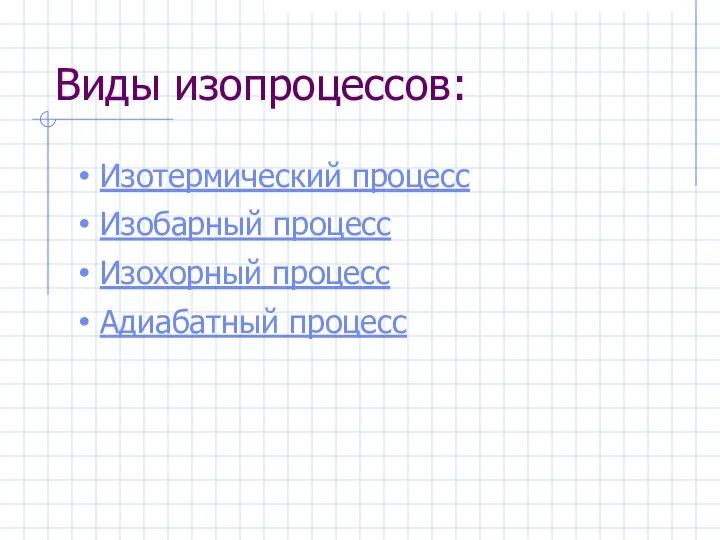 Виды изопроцессов: Изотермический процесс Изобарный процесс Изохорный процесс Адиабатный процесс