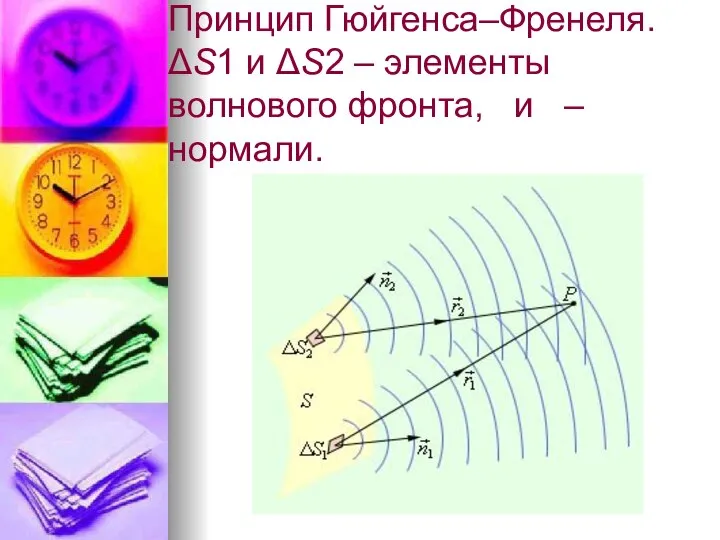 Принцип Гюйгенса–Френеля. ΔS1 и ΔS2 – элементы волнового фронта, и – нормали.