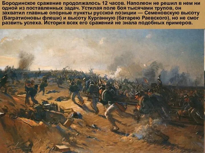 Бородинское сражение продолжалось 12 часов. Наполеон не решил в нем ни