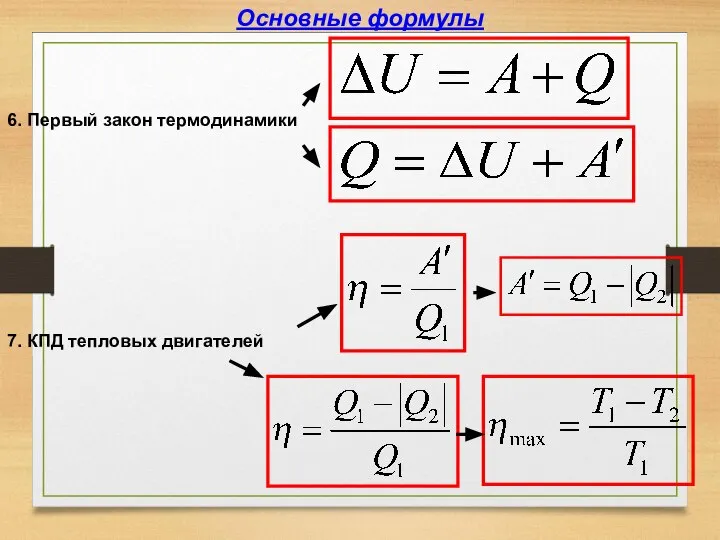 6. Первый закон термодинамики 7. КПД тепловых двигателей Основные формулы