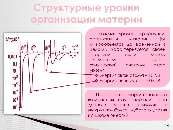 Структурные уровни организации материи Каждый уровень природной организации материи (от микрообъектов