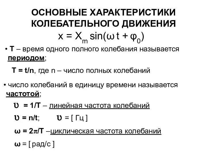 число колебаний в единицу времени называется частотой; υ = 1/Т –