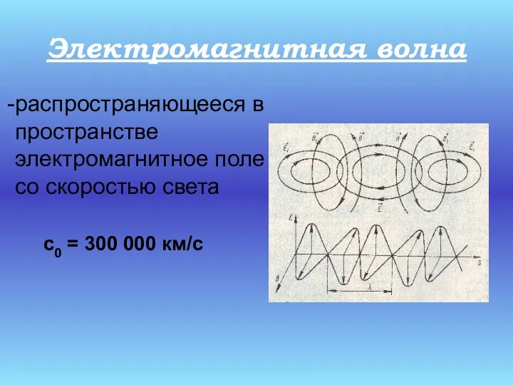Электромагнитная волна распространяющееся в пространстве электромагнитное поле со скоростью света с0 = 300 000 км/с