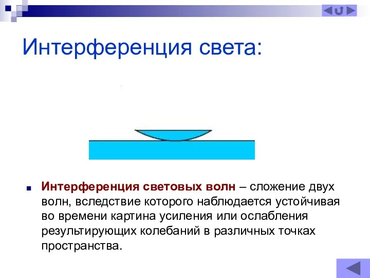 Интерференция света: Интерференция световых волн – сложение двух волн, вследствие которого