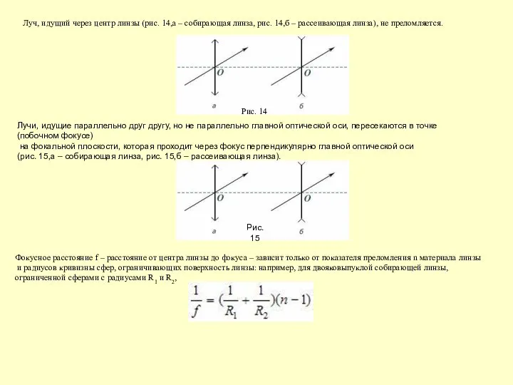 Луч, идущий через центр линзы (рис. 14,а – собирающая линза, рис.
