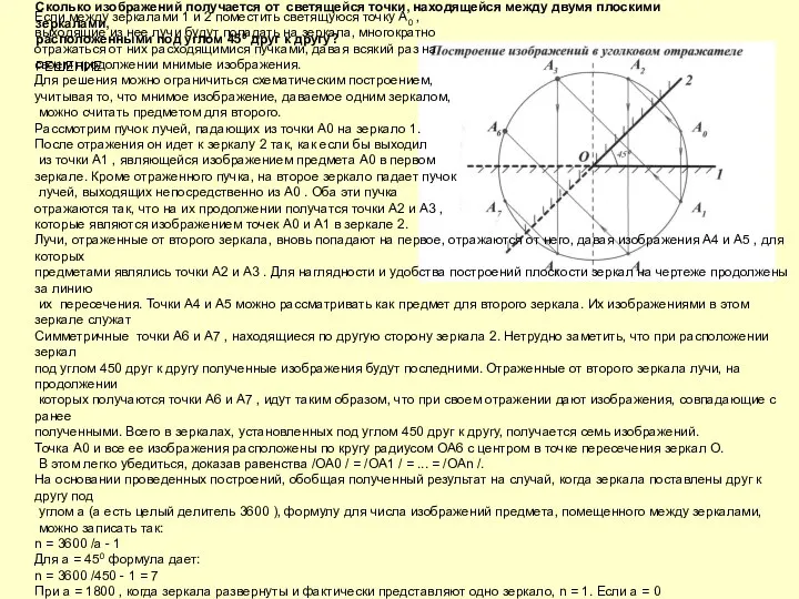 Сколько изображений получается от светящейся точки, находящейся между двумя плоскими зеркалами,